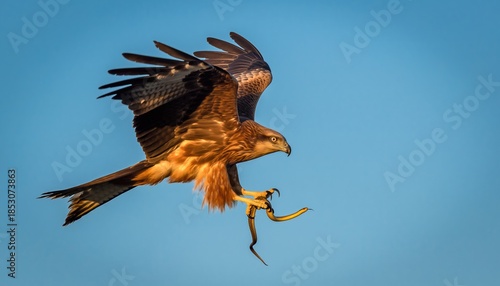 Majestic Bird of Prey Soaring in Clear Blue Sky with Snake