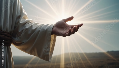 Jesus' Compassionate Hand Extended in Soft Sunlight Glow