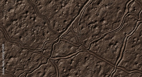 Intricate network of muddy tracks and ruts on a textured, wet brown earth surface, creating a natural pattern.
