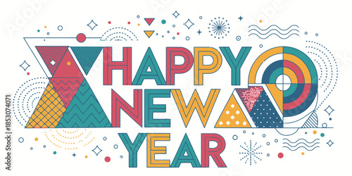 Vibrant Happy New Year celebration with colorful geometric patterns