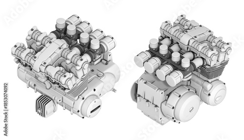 Detailed 3d model of a multi-cylinder internal combustion engine, heavy duty industrial motor design, white clay 3d rendering.