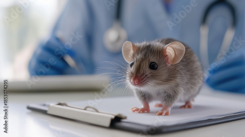 Laboratory mouse on clipboard with veterinarian blurred