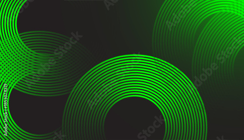 Abstract Green Neon Circular Line Art Background on Dark Surface. Modern Futuristic Green Wave Ring Pattern with Glow Effect. Minimal Abstract Circular Motion Lines with Neon Green Gradient.