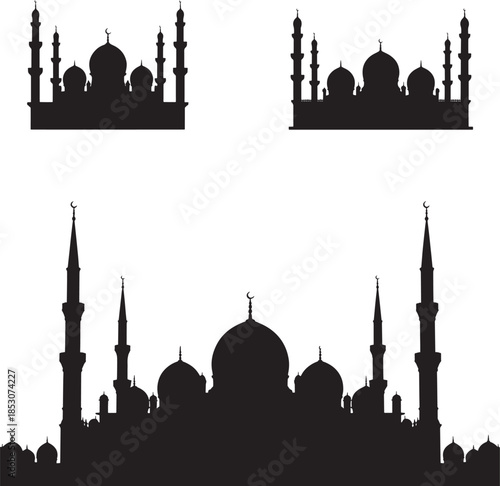 Silhouette of mosque architecture with domes and minarets