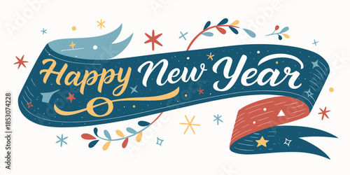 Vibrant Happy New Year banner with colorful stars and leaves