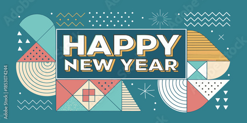 Vibrant Happy New Year celebration background with geometric shapes