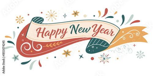 Vibrant Happy New Year banner with colorful fireworks and swirls