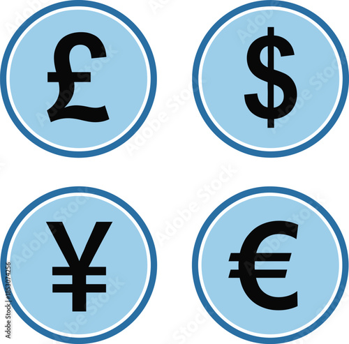Currency symbols icons set with pound dollar yen and euro coins representing global finance and exchange
