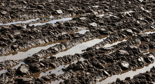 Intricate patterns of dark, wet soil with muddy water creating furrows and ridges, suggesting a recently plowed field after rainfall.