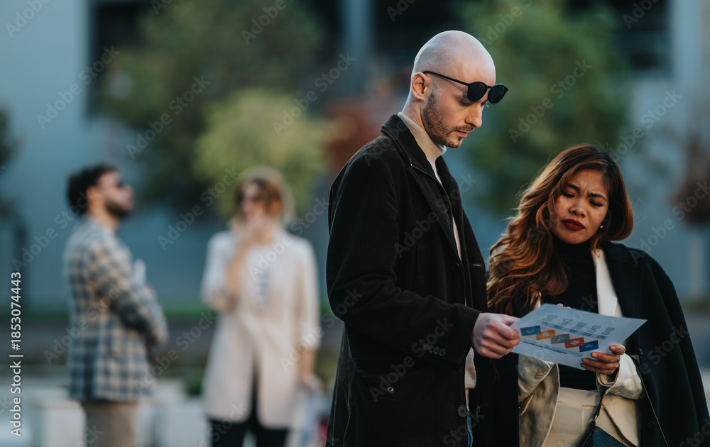 Obraz premium Bald man in a dark coat and sunglasses studies a chart with a woman as they discuss a document outdoors. Two blurred figures chat in the background, capturing a professional urban moment.