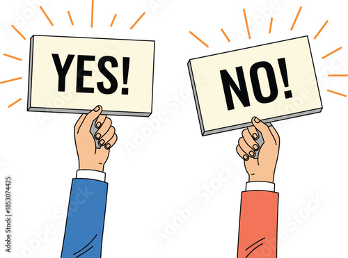 Hands holding YES and NO signs concept illustration for decision making voting choices approval or rejection message