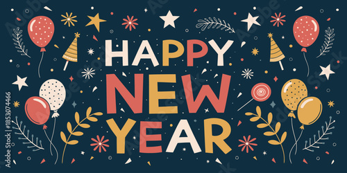 Vibrant Happy New Year celebration with colorful balloons and confetti