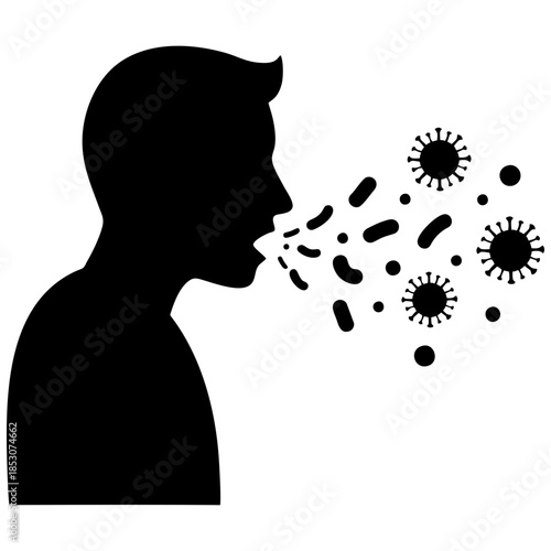 Silhouette of man exhaling with germs and microbes concept  