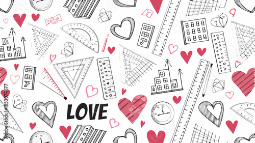 Whimsical illustration of love with school supplies background
