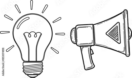 Idea and announcement icons set vector illustration with light bulb and megaphone outlines in hand drawn style isolated on white for marketing creativity and communication designs
