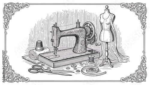 Vintage sewing machine and dressmaker's mannequin surrounded by sewing tools and fabric scraps in a classic workshop setting viewed from the front