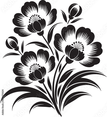 Stylized flowers in bloom with leaves and buds