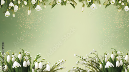 Beautiful fresh flowers of snowdrops in spring on a bright green background. Spring natural background.