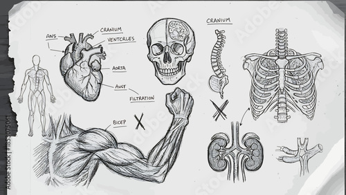 Detailed anatomical illustrations of the human body's muscular and skeletal systems, along with organs, presented in a detailed educational diagram