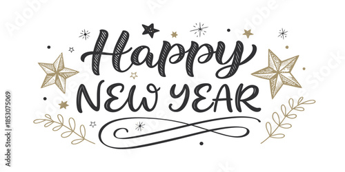 Happy New Year celebration with elegant gold and black decorations