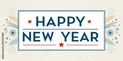 Happy New Year celebration with festive stars and lines on beige background