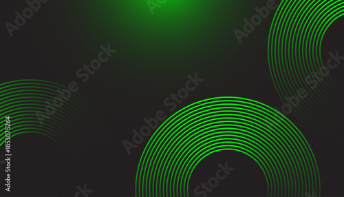 Abstract Green Neon Circular Line Art Background on Dark Surface. Modern Futuristic Green Wave Ring Pattern with Glow Effect. Minimal Abstract Circular Motion Lines with Neon Green Gradient.