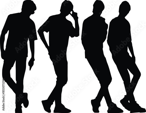 Silhouette of four young men standing and leaning in various casual poses, representing different emotions Vector, illustration