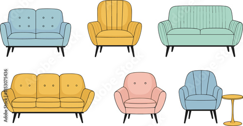 Modern sofa and armchair furniture set vector illustration with colorful living room couches in flat cartoon style isolated on white for interior design and home decor projects