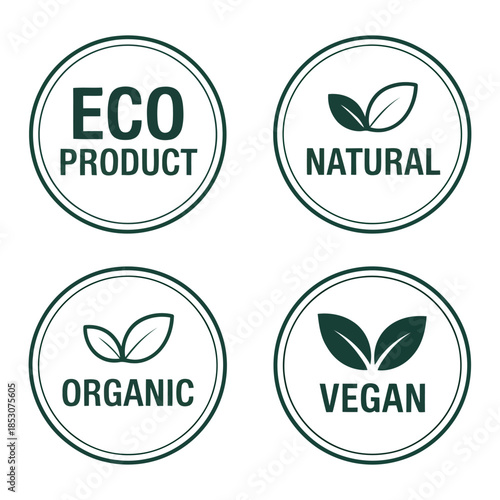 A visual representation showcasing eco friendly product labels with text indicating natural organic vegan and eco conscious qualities in circular designs