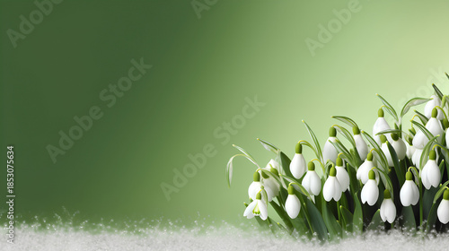 Beautiful fresh flowers of snowdrops in spring on a bright green background. Spring natural background.