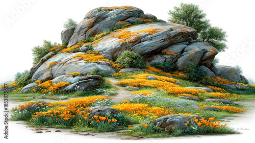 A rocky hillside covered with colorful flowers and greenery in a natural landscape.