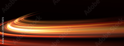 Vector illustration of a dynamic stream of glowing gold and orange light trails stretching across a deep black background. Smooth curved lines, movement, speed, and energy, creating a luminous wave.