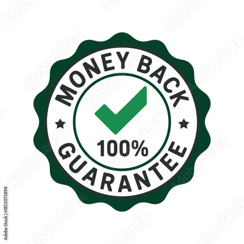 a circular dark green money back guarantee badge featuring a white background a green checkmark and text indicating full satisfaction assurance