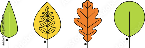 Autumn leaf icons set vector illustration with green and orange foliage shapes in flat cartoon style isolated on white for seasonal nature and decorative designs