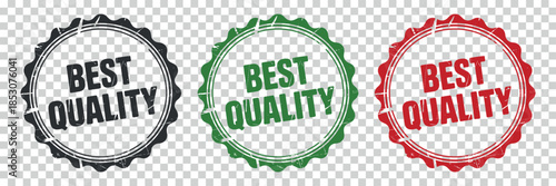 three circular best quality badges in varying colors of black green and red are displayed against a transparent background showcasing product validation