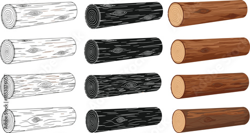 Set of four wood logs or tree trunks, illustrated in line art, black silhouette, and realistic wood color, representing forestry, nature, and construction materials