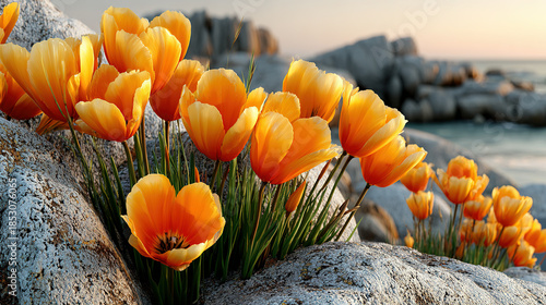Vibrant orange poppies grow among rocks near a coastal scene.