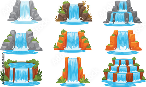 Set of nine detailed cartoon waterfalls on rocks, featuring clear blue cascading water and lush green foliage, vector illustration for nature, landscape, game asset, and environment design.