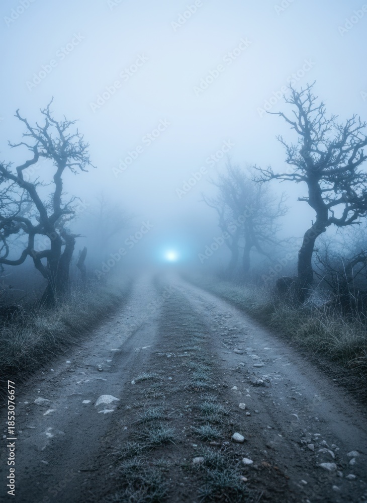 Obraz premium Mysterious Glowing Light Illuminates Foggy Dirt Road Lined With Bare Trees Under A Misty Sky