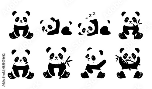 Flat cartoon panda bear character vector pack with playful sleepy poses and bamboo elements
