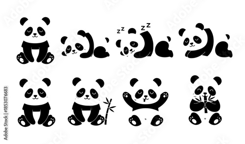 Cute baby panda flat vector illustration set with sleepy lazy cartoon bear poses eating bamboo isolated on white