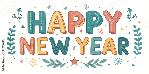 Vibrant Happy New Year celebration with colorful floral elements