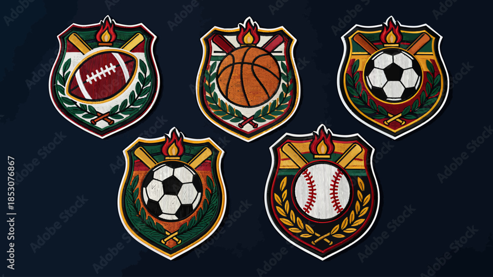 Obraz premium A collection of sports emblems featuring various athletic symbols on a dark background