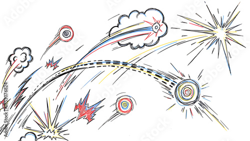 Energetic burst of colorful cosmic streaks and exploding stars illustration in a dynamic, abstract art style