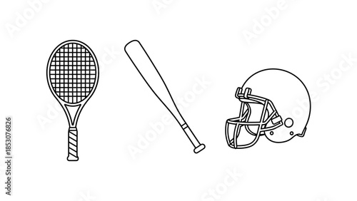 Vector Icons of Tennis Racket, Baseball Bat, and American Football Helmet on a White Background