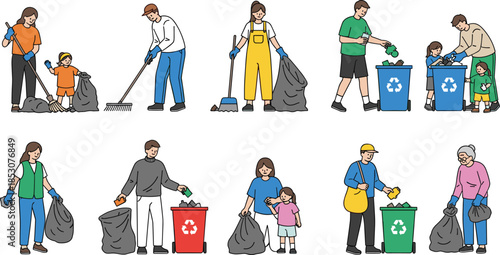 Set of People Cleaning and Recycling Waste Illustration, Community Volunteers Picking up Trash, Sorting Garbage into Bins, Environmental Protection and Ecology Graphic, Isolated Vector Collection