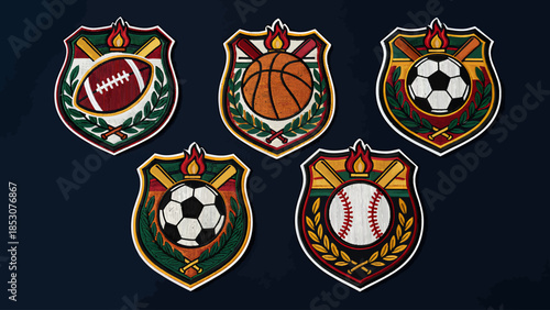 A collection of sports emblems featuring various athletic symbols on a dark background