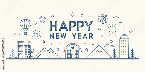 Happy New Year celebration with cityscape and mountains