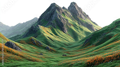 Lush green mountains with vibrant flower-covered valley and rocky peaks.