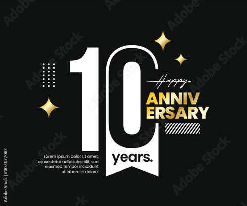10th years anniversary vector logotype with negative space. Modern, clean, minimalist, flat style. For logo, icon, invitation, birthday, greeting card, and celebration event, precious moment